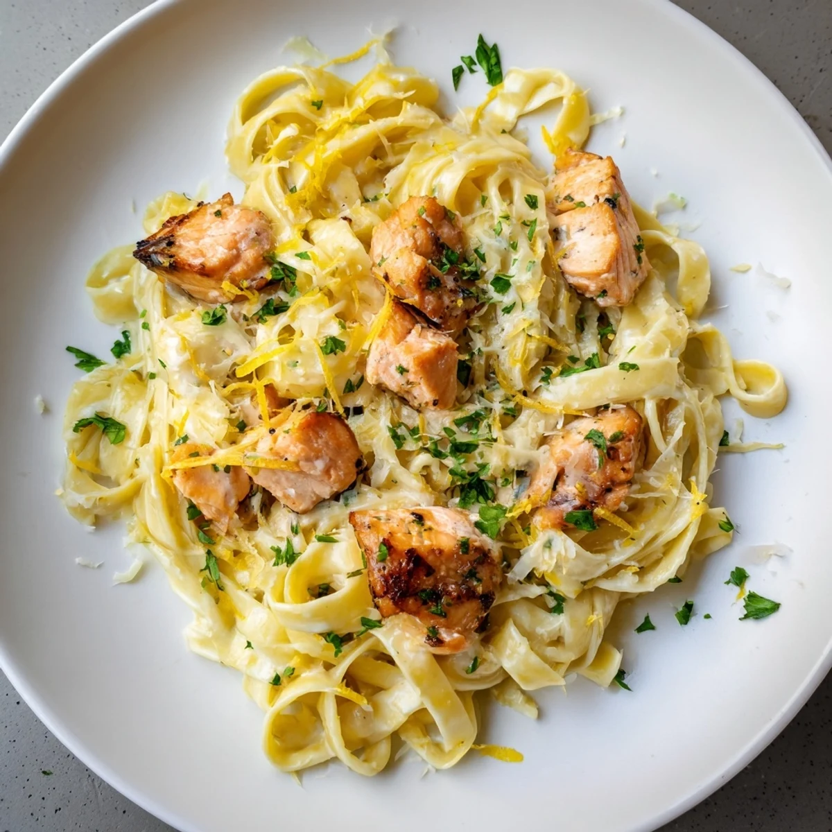 Tender salmon pieces tossed through rich fettuccine pasta in a savory lemon garlic cream sauce