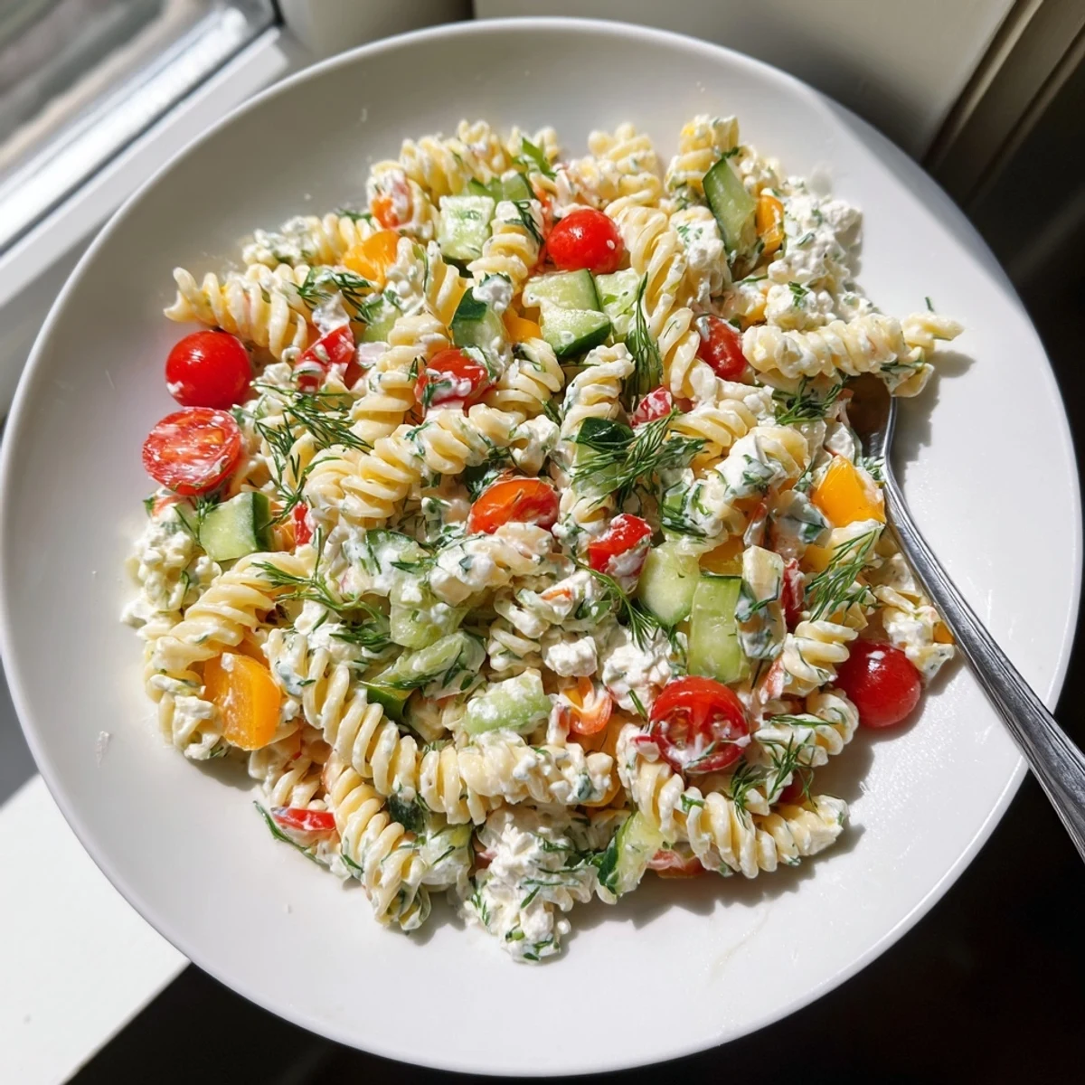 Colorful cottage cheese pasta salad bowl with cherry tomatoes, cucumber, and red bell pepper tossed in herb dressing