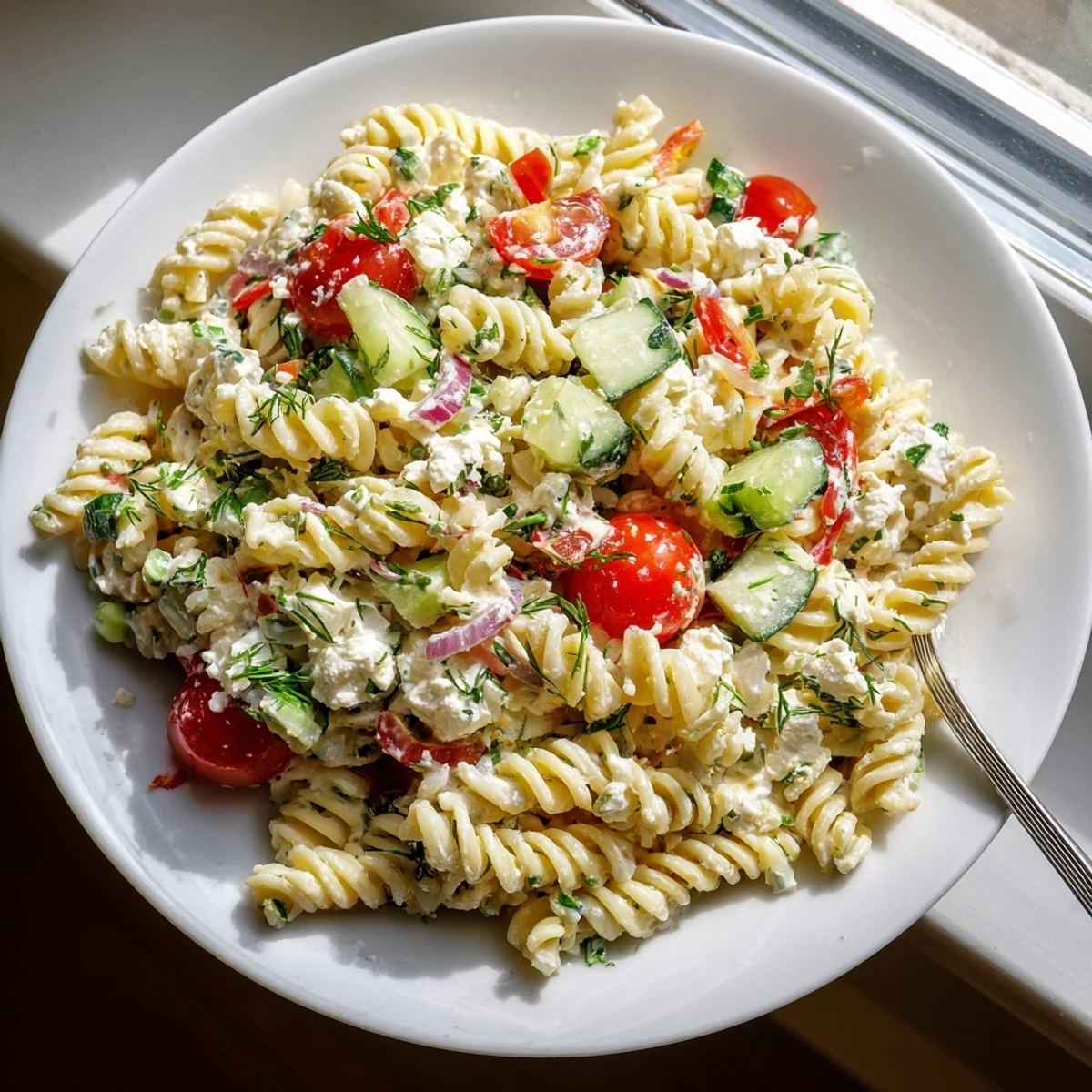 Refreshing cottage cheese pasta salad featuring al dente fusilli with crisp vegetables and creamy white cheese curds