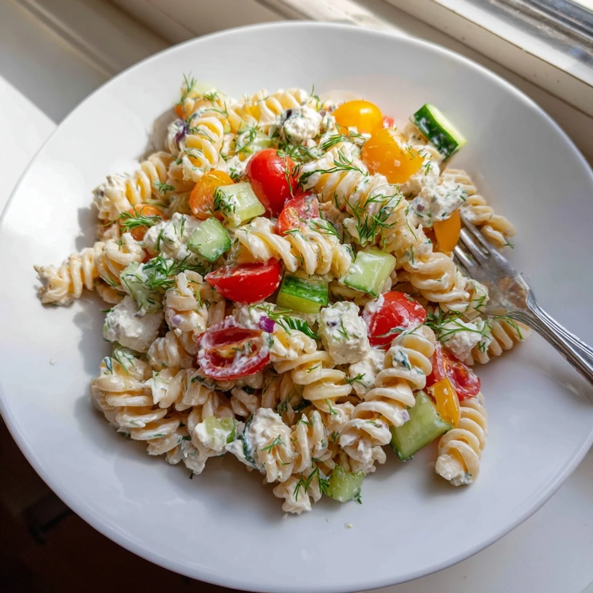 Summer-ready cottage cheese pasta salad in white bowl garnished with fresh parsley and spring onion slices