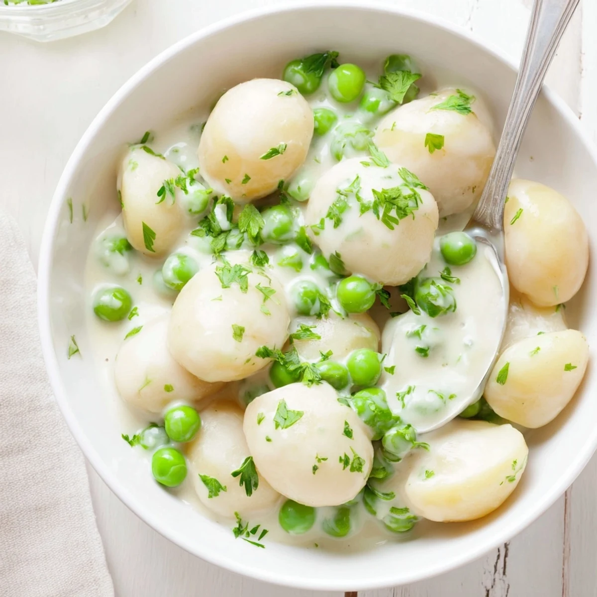 Tender baby potatoes and sweet green peas swimming in a rich velvety cream sauce on a rustic wooden table