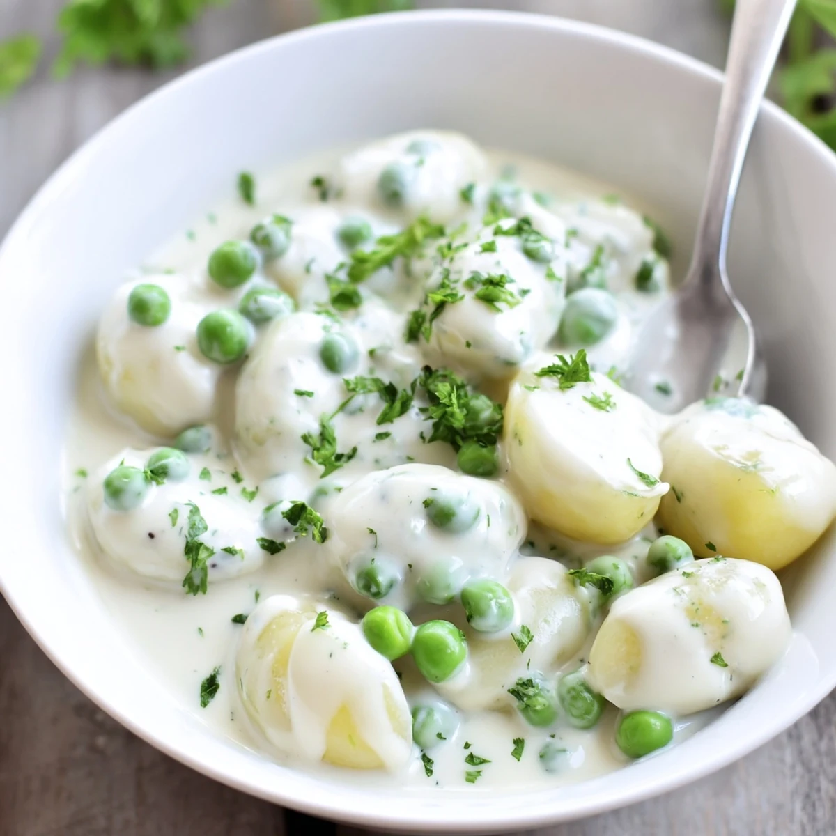 Creamy vegetable side dish featuring halved potatoes and bright green peas coated in a thick white sauce ready for serving