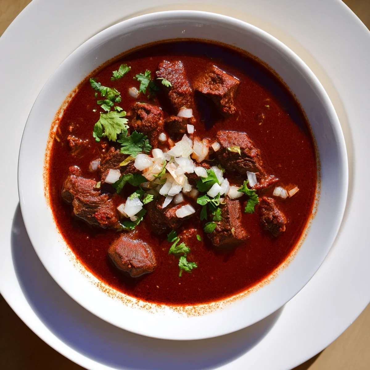 Crockpot Chili Colorado featuring tender beef chunks swimming in rich red chili sauce