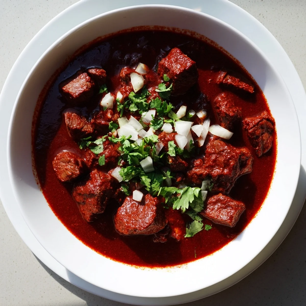 Slow-cooked Crockpot Chili Colorado garnished with fresh cilantro and white onion