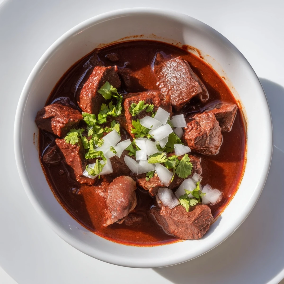 Hearty Crockpot Chili Colorado served in bowls with warm corn tortillas alongside