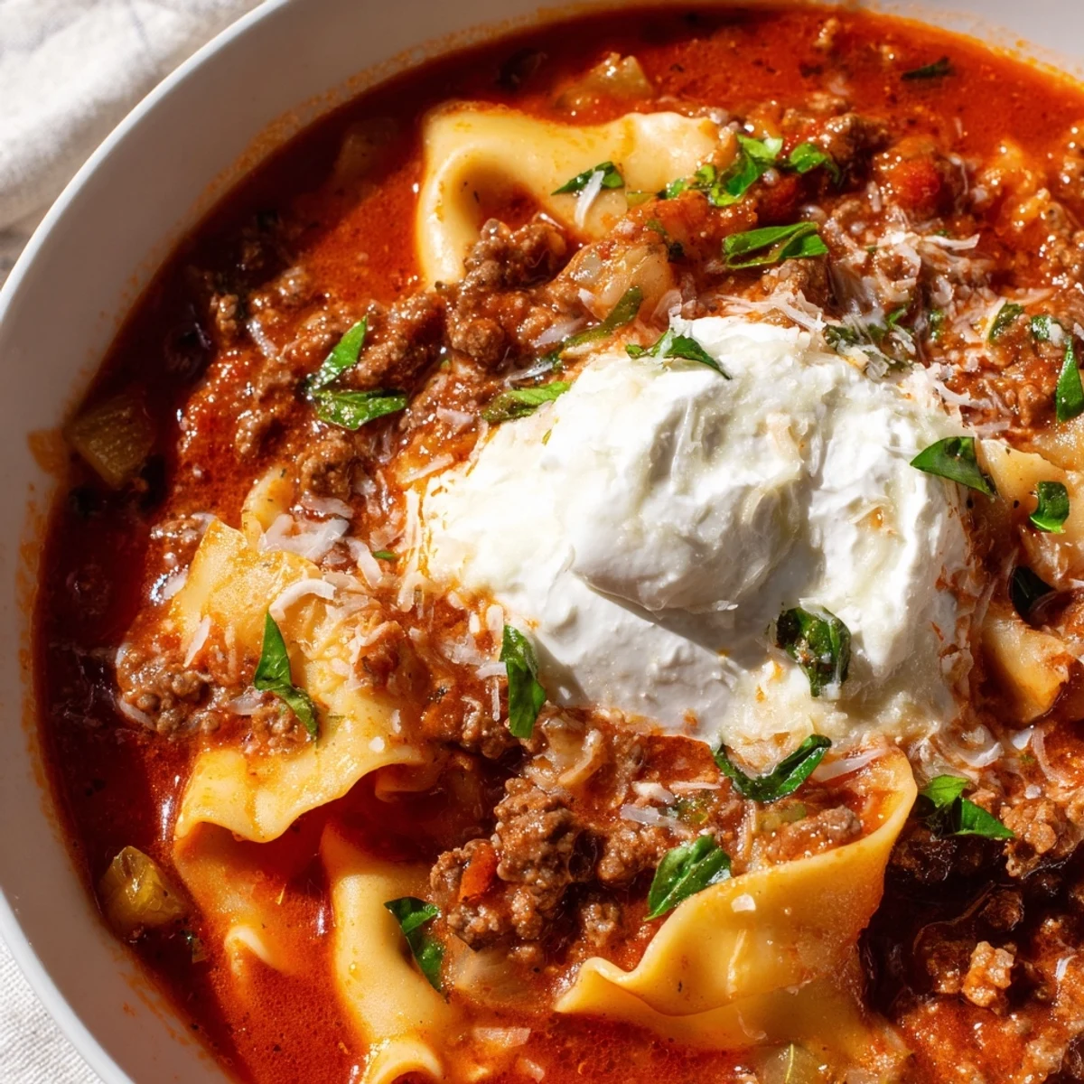 Hearty Italian lasagna soup with tender pasta, rich tomato broth, and creamy ricotta dollop