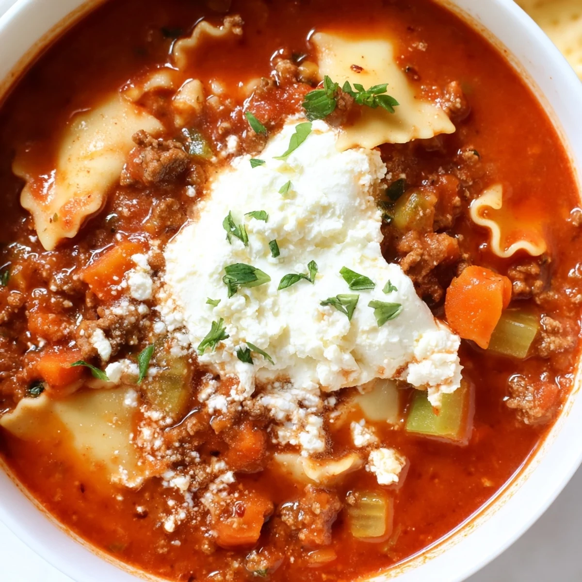 Spoonful of comforting Italian lasagna soup topped with melted mozzarella and fresh basil garnish