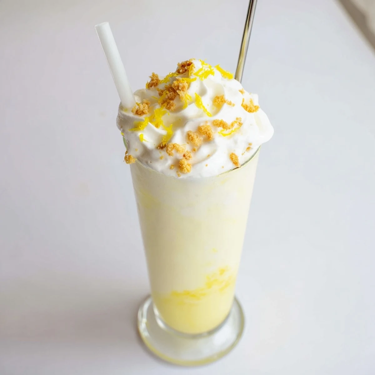 Glass of lemon meringue frappé topped with fluffy white meringue and fresh lemon zest