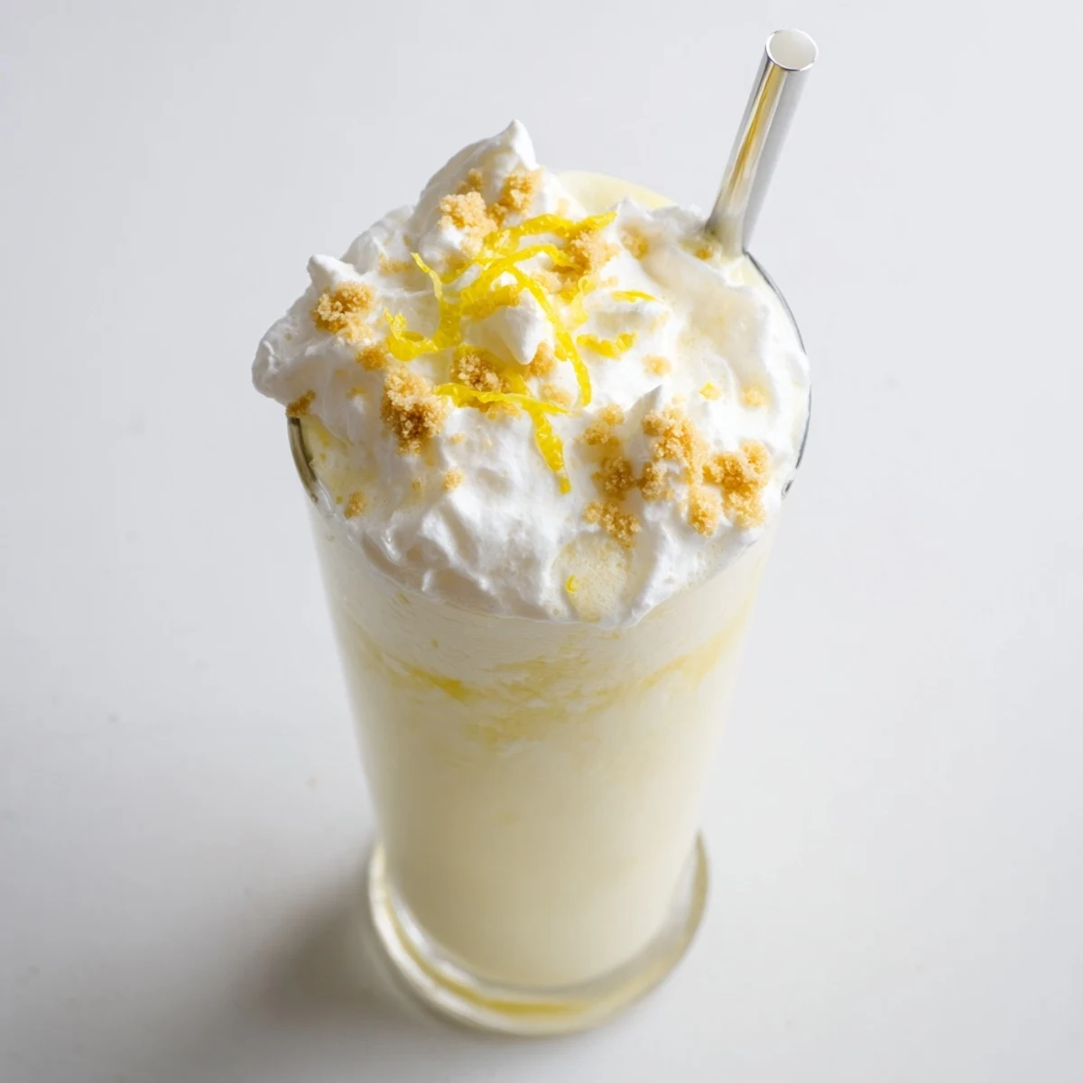 Blended lemon meringue frappé served in clear glass with whipped meringue and graham cracker sprinkle
