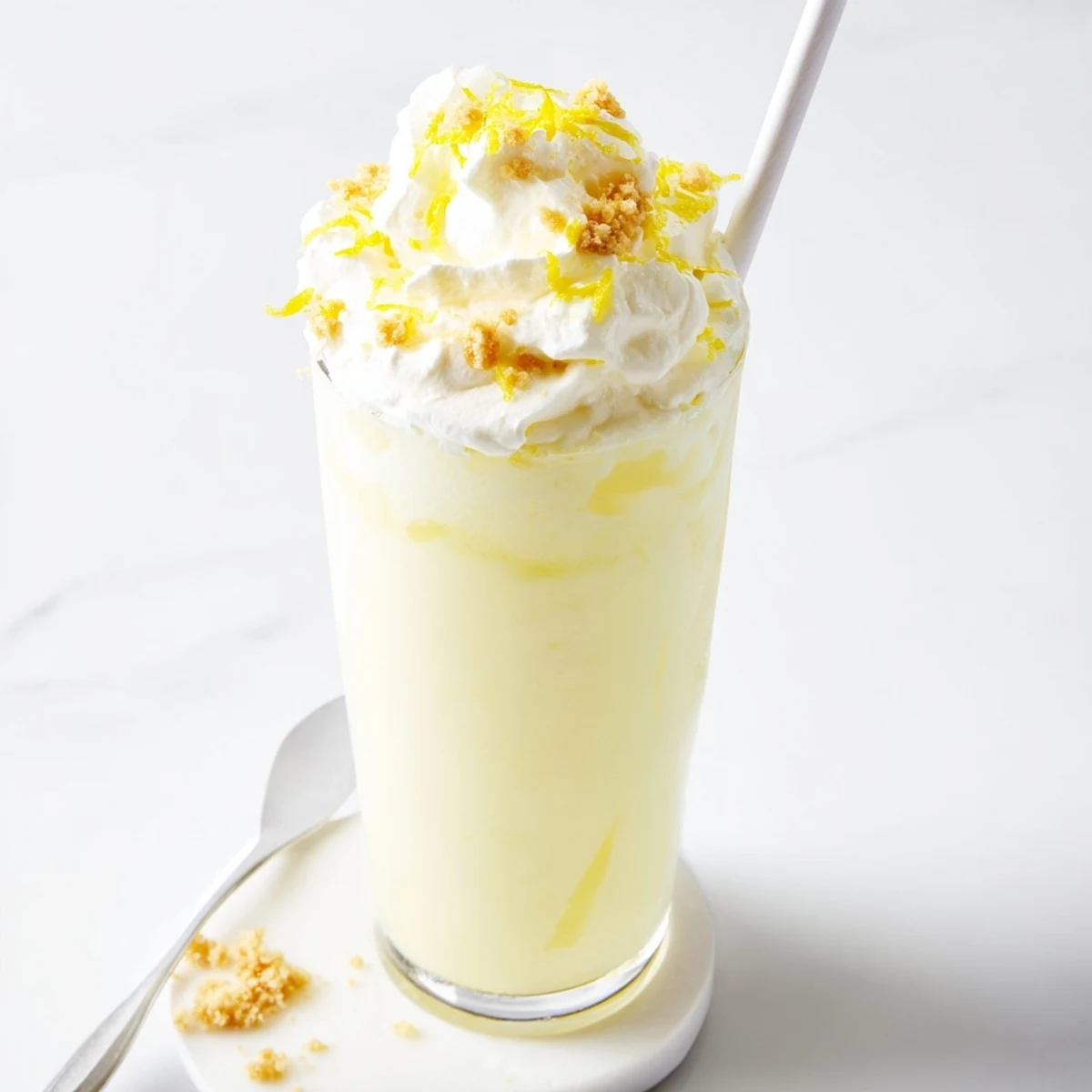 Tall chilled glass showcasing creamy lemon meringue frappé with torched meringue crown
