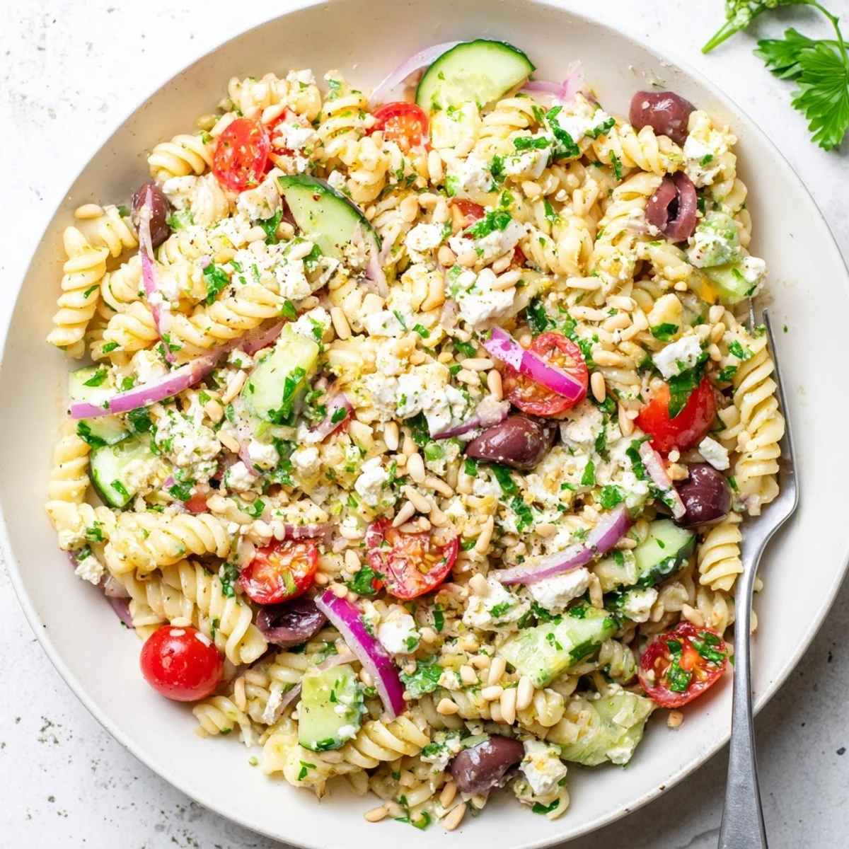 Colorful Mediterranean cottage cheese pasta salad bowl with cherry tomatoes, cucumber, olives, and fresh parsley