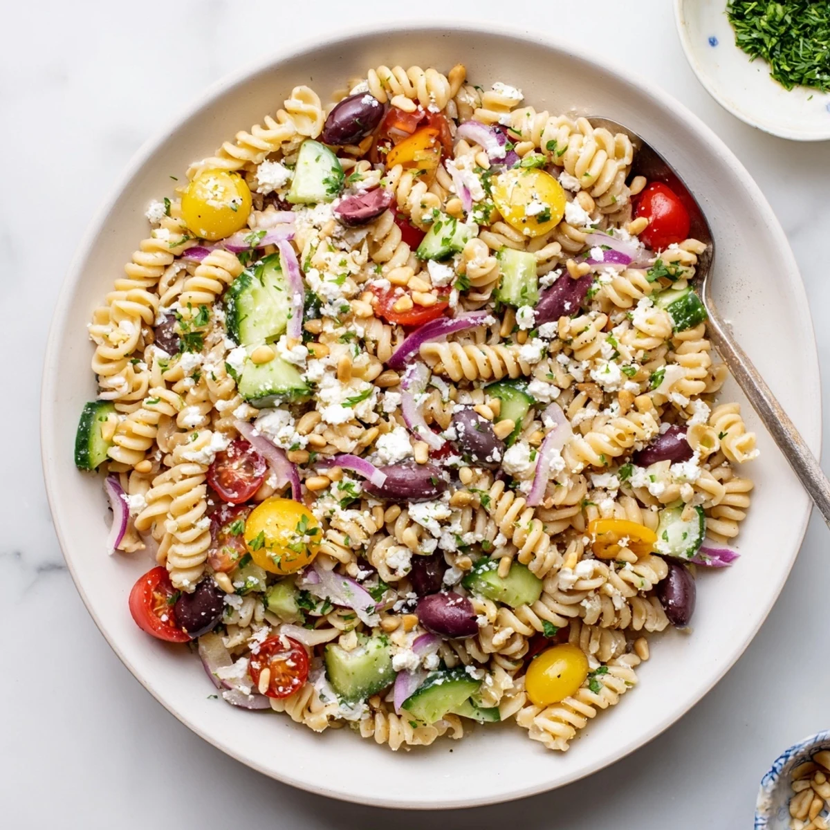 Creamy cottage cheese pasta salad tossed with Mediterranean vegetables and lemon herb dressing