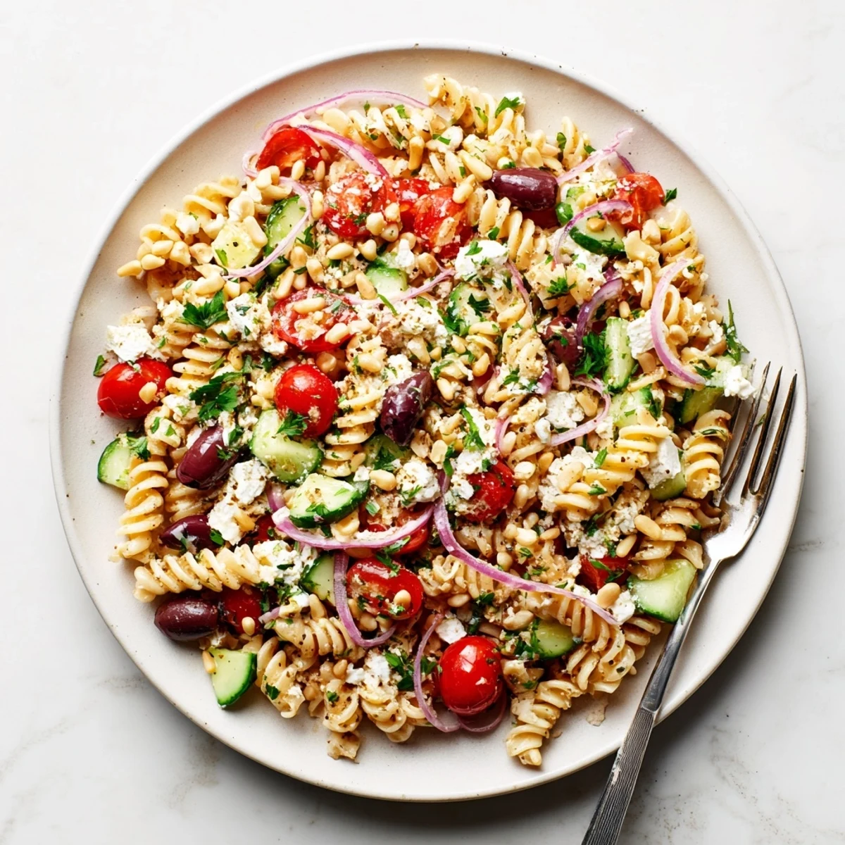 Protein-rich Mediterranean cottage cheese pasta salad featuring crisp red bell pepper and tangy Kalamata olives