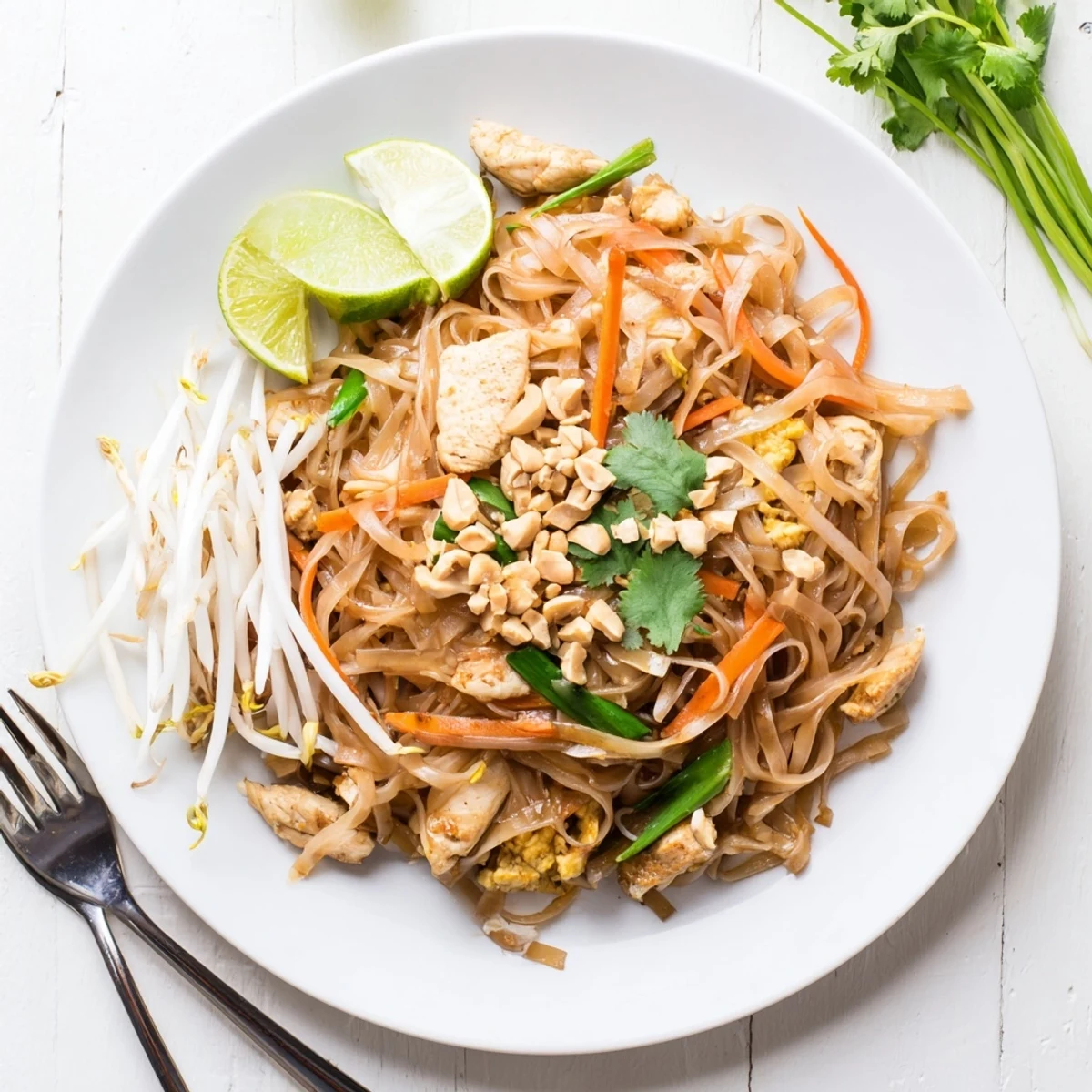 Golden Chicken Pad Thai topped with crushed peanuts and fresh lime wedges on a white plate