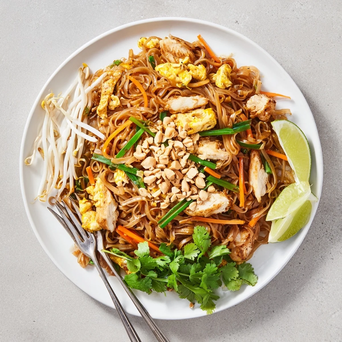 Close-up of Chicken Pad Thai garnished with cilantro and chopped peanuts over tangled noodles