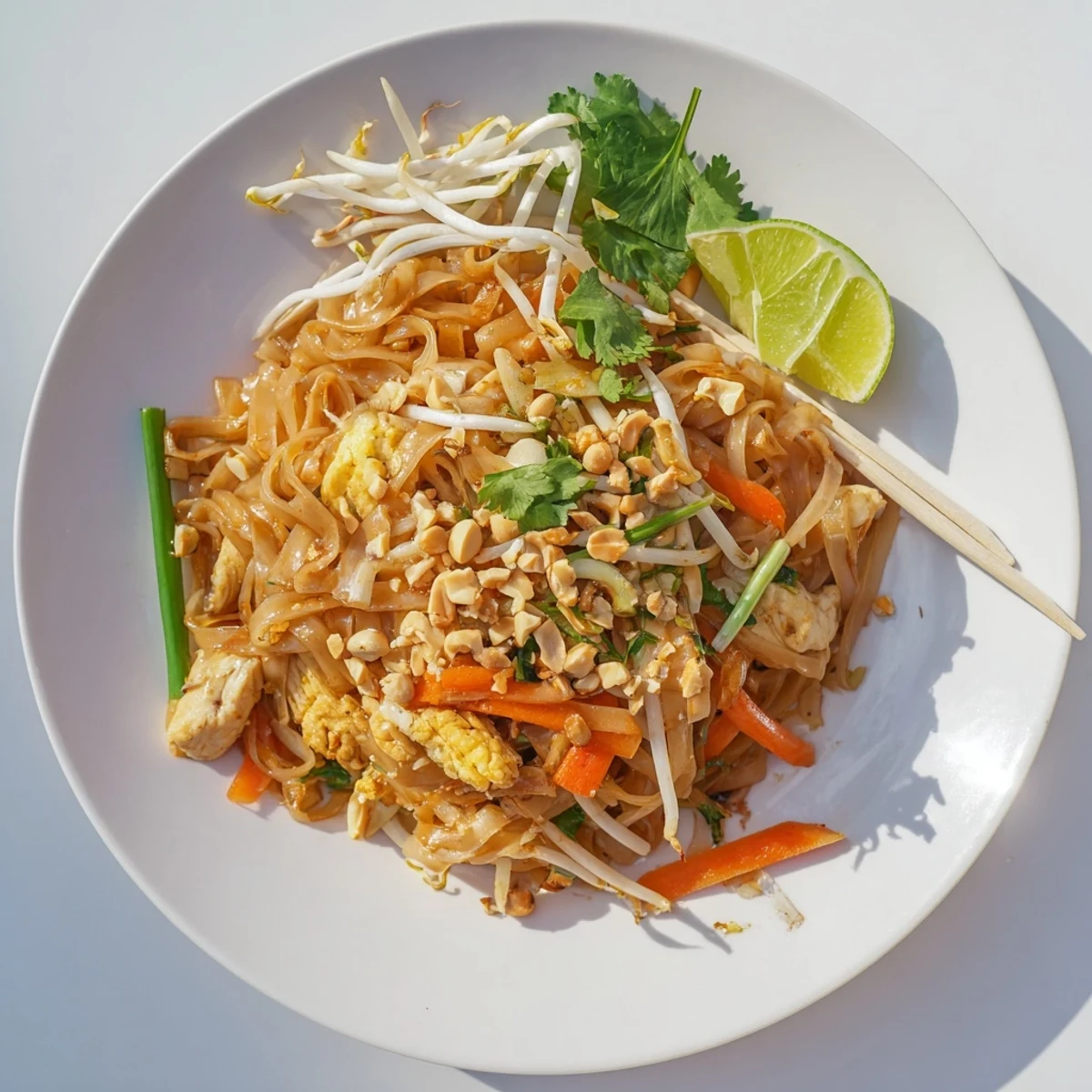 Steamy bowl of Chicken Pad Thai stir-fried with bean sprouts, scallions, and tender rice noodles