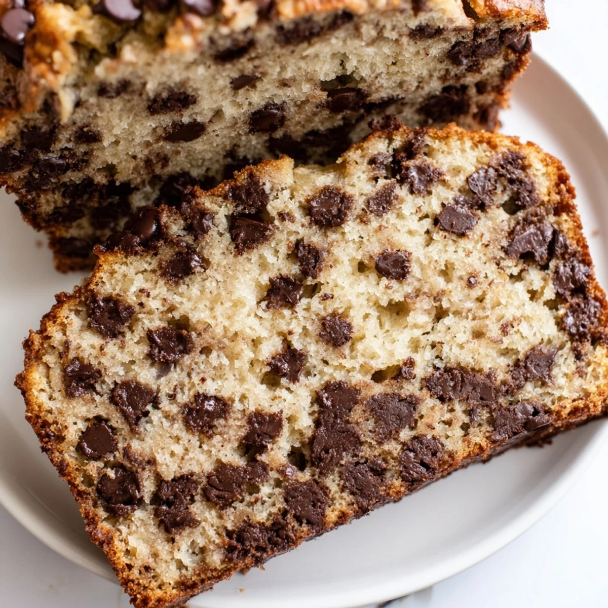 Golden chocolate chip banana bread loaf studded with melted chocolate chunks on a white plate