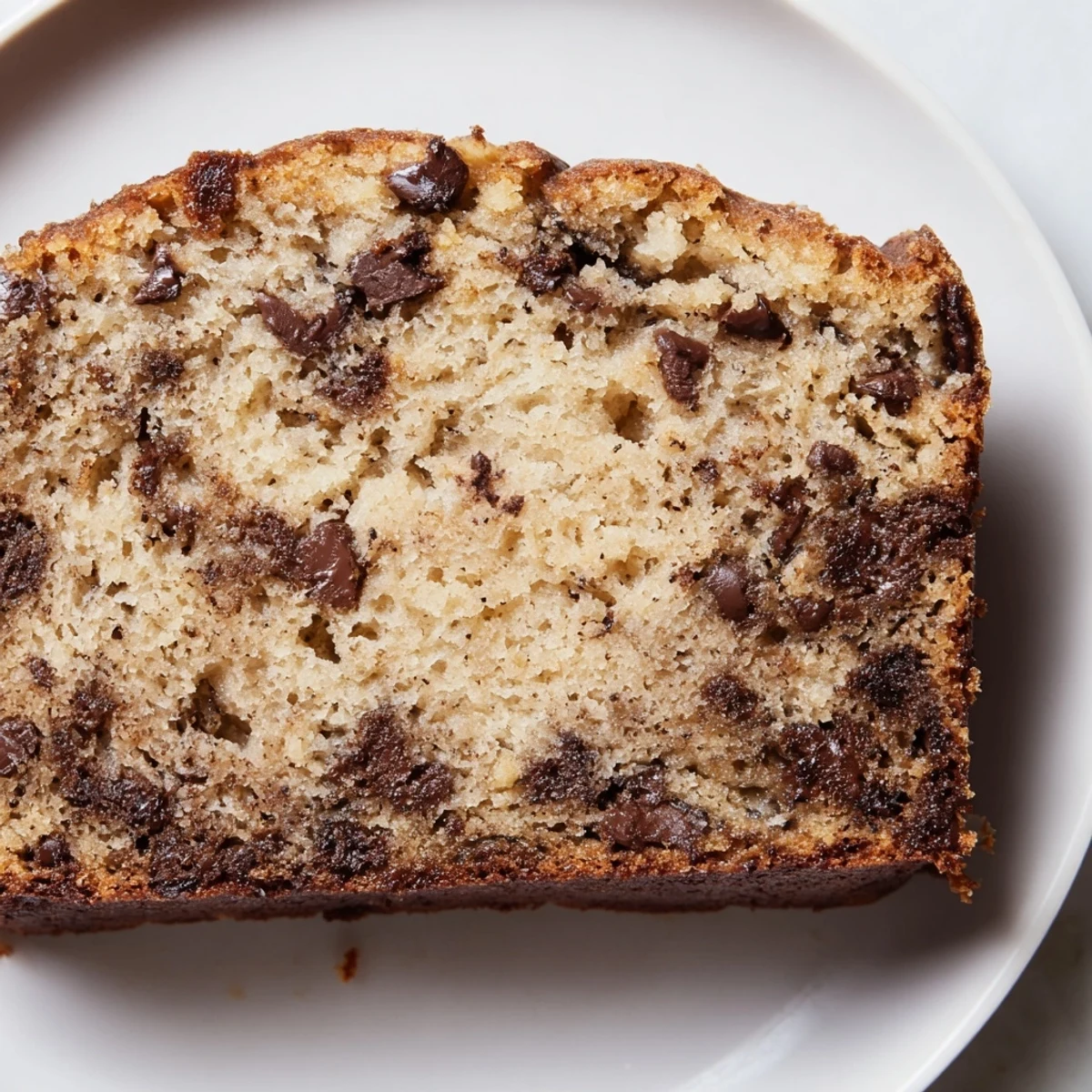 Freshly baked chocolate chip banana bread cooling on wire rack with golden crust and chocolate strewn top