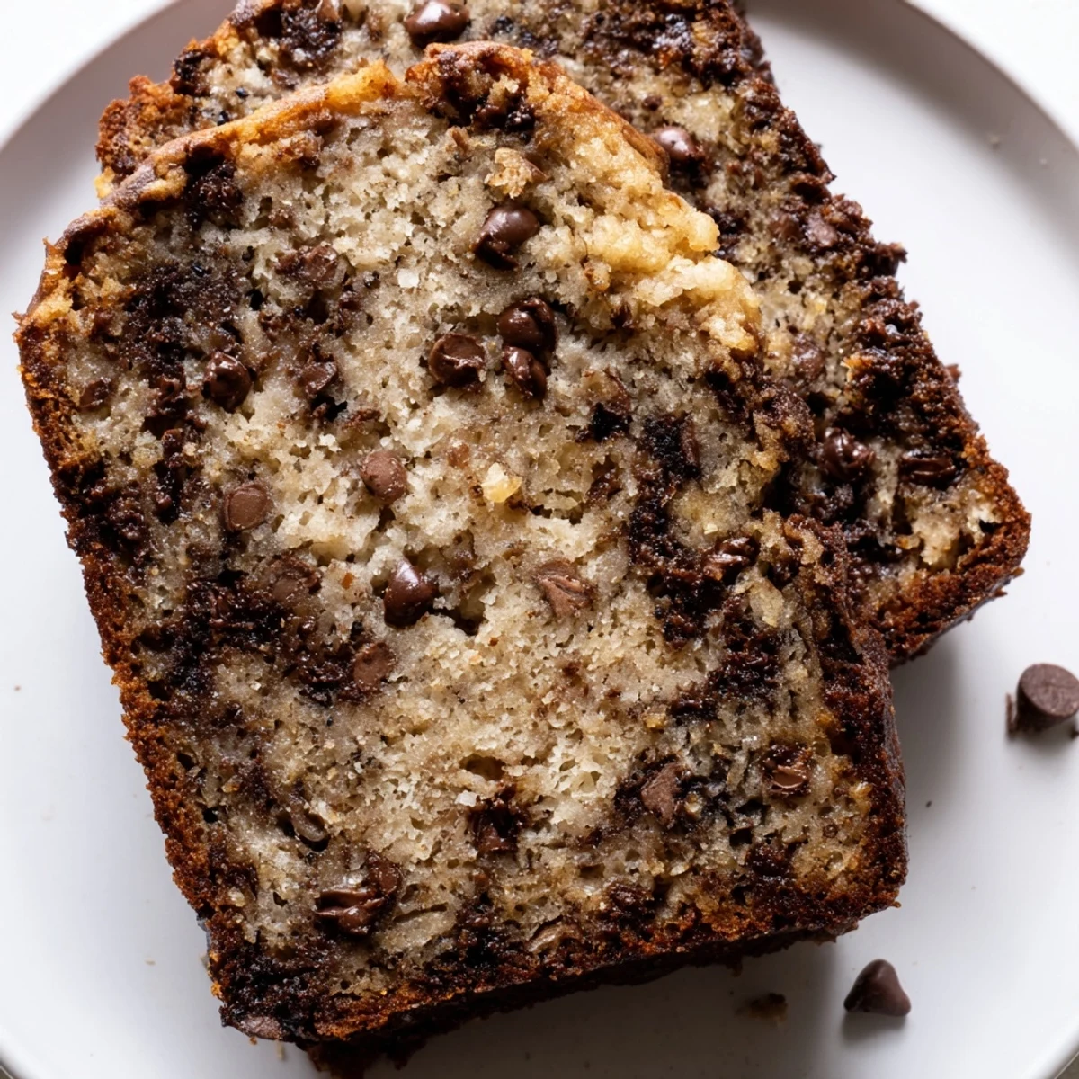 Thick slice of moist chocolate chip banana bread revealing scattered chocolate chips throughout the tender crumb
