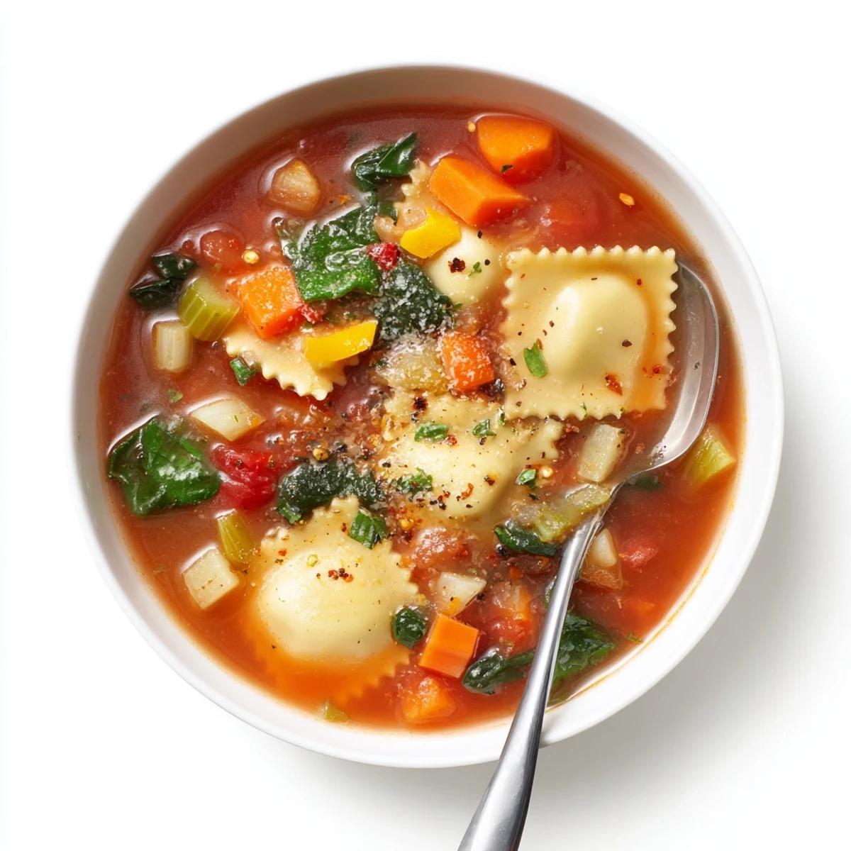 Bowl of Easy Tuscan Ravioli Soup topped with grated Parmesan and fresh parsley garnish