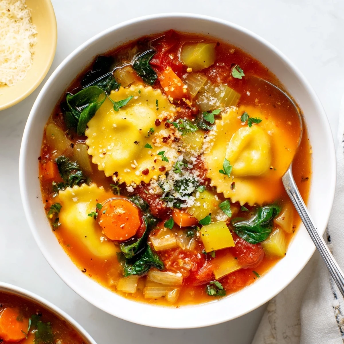Creamy tomato broth Easy Tuscan Ravioli Soup with cheese ravioli, spinach, and vegetables