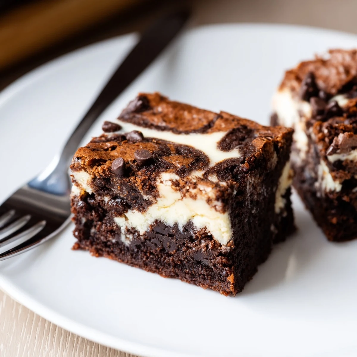 Homemade cottage cheese brownies displaying a beautiful marble pattern of dark and light batter