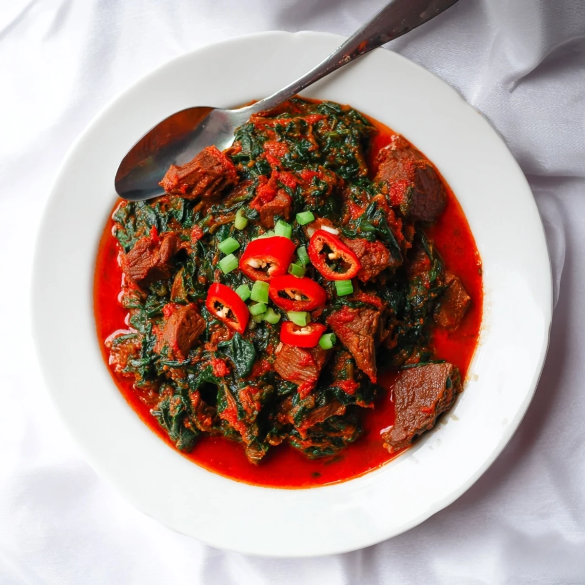 Vibrant green Nigerian spinach stew with beef served piping hot over fluffy white rice in traditional style