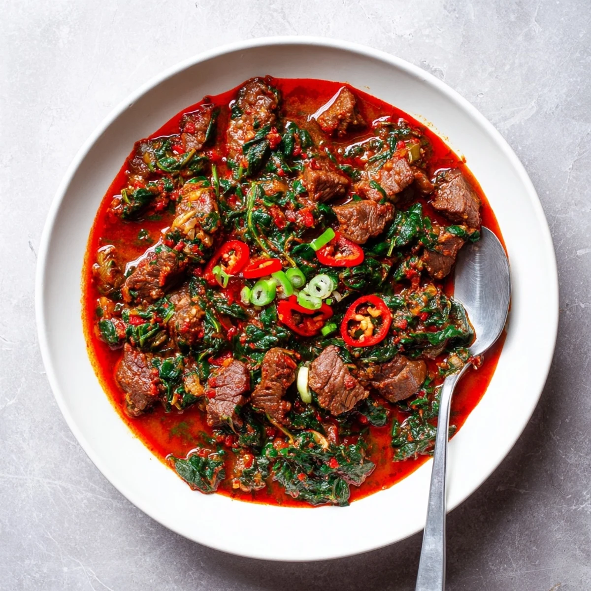 Golden bowl of savory Efo Riro Nigerian spinach stew featuring tender beef chunks in rich tomato pepper sauce