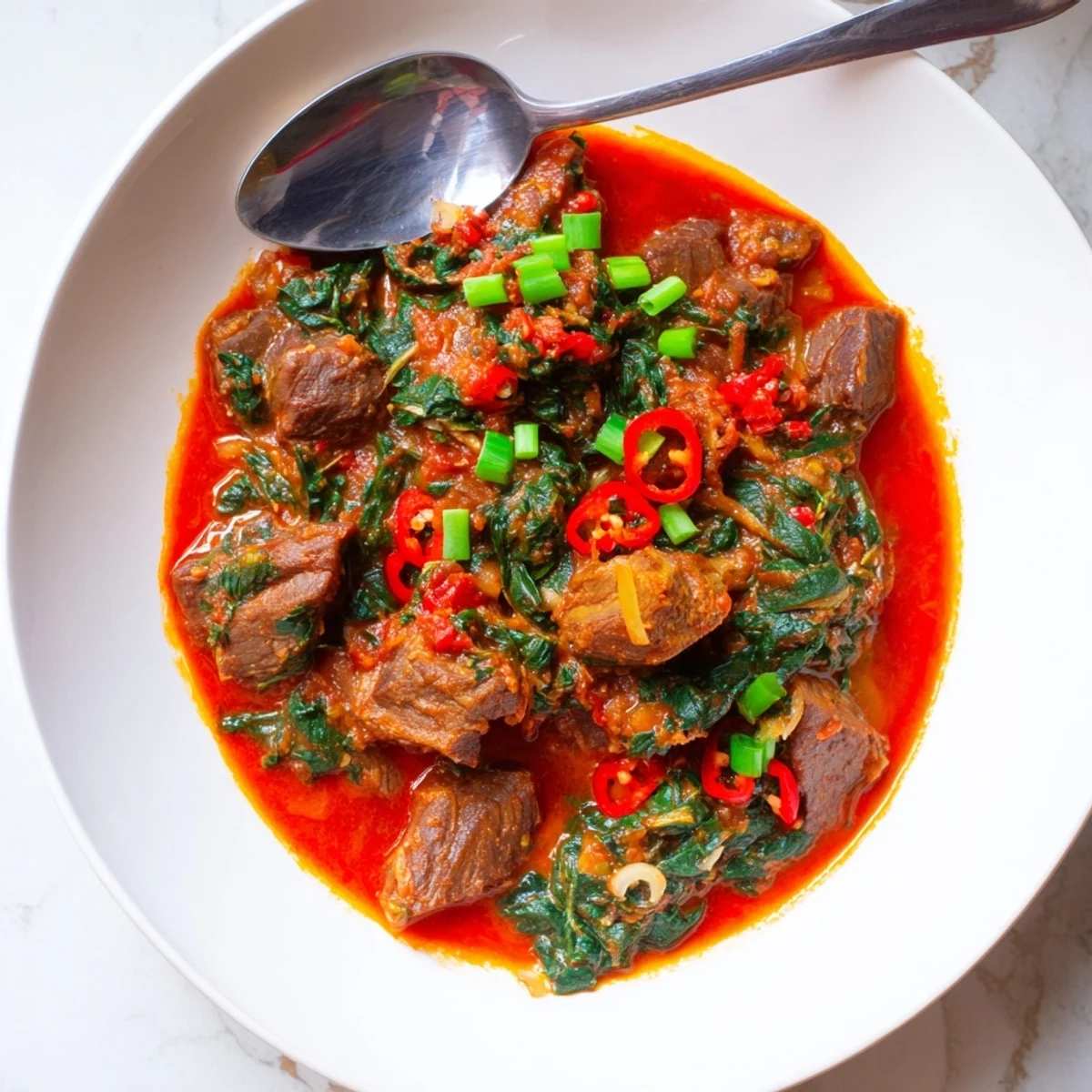 Hearty Efo Riro showcases wilted spinach and beef simmered in aromatic red sauce garnished with fresh chilies