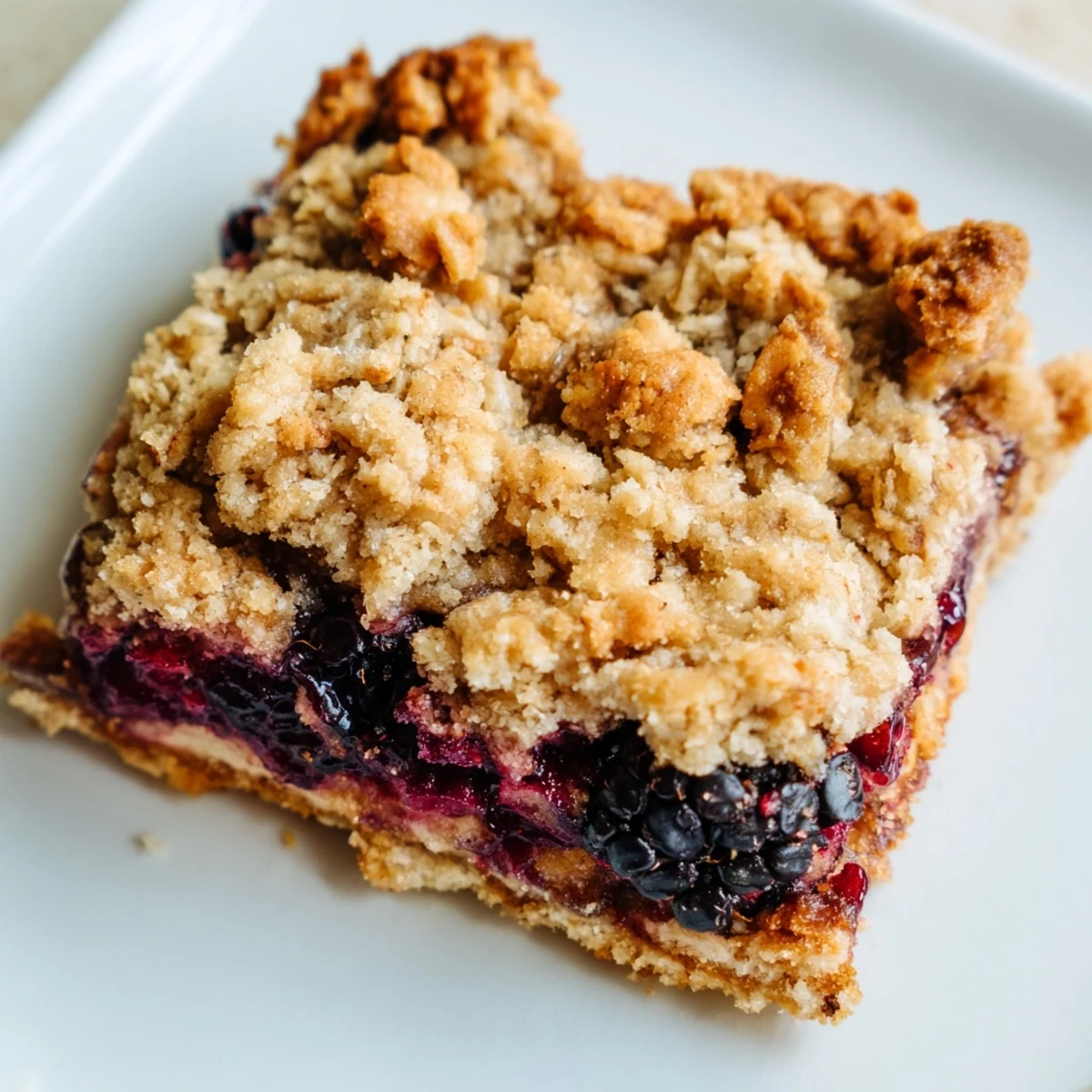 Golden blackberry crumble bars with bubbling fruit filling and buttery oat crumb topping
