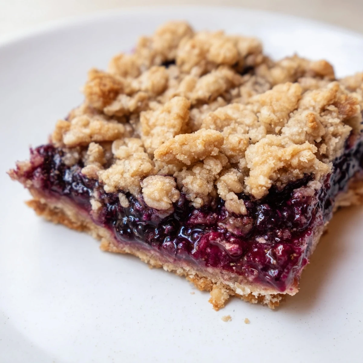 Square dessert bars featuring juicy blackberry layer beneath crisp golden crumble crust