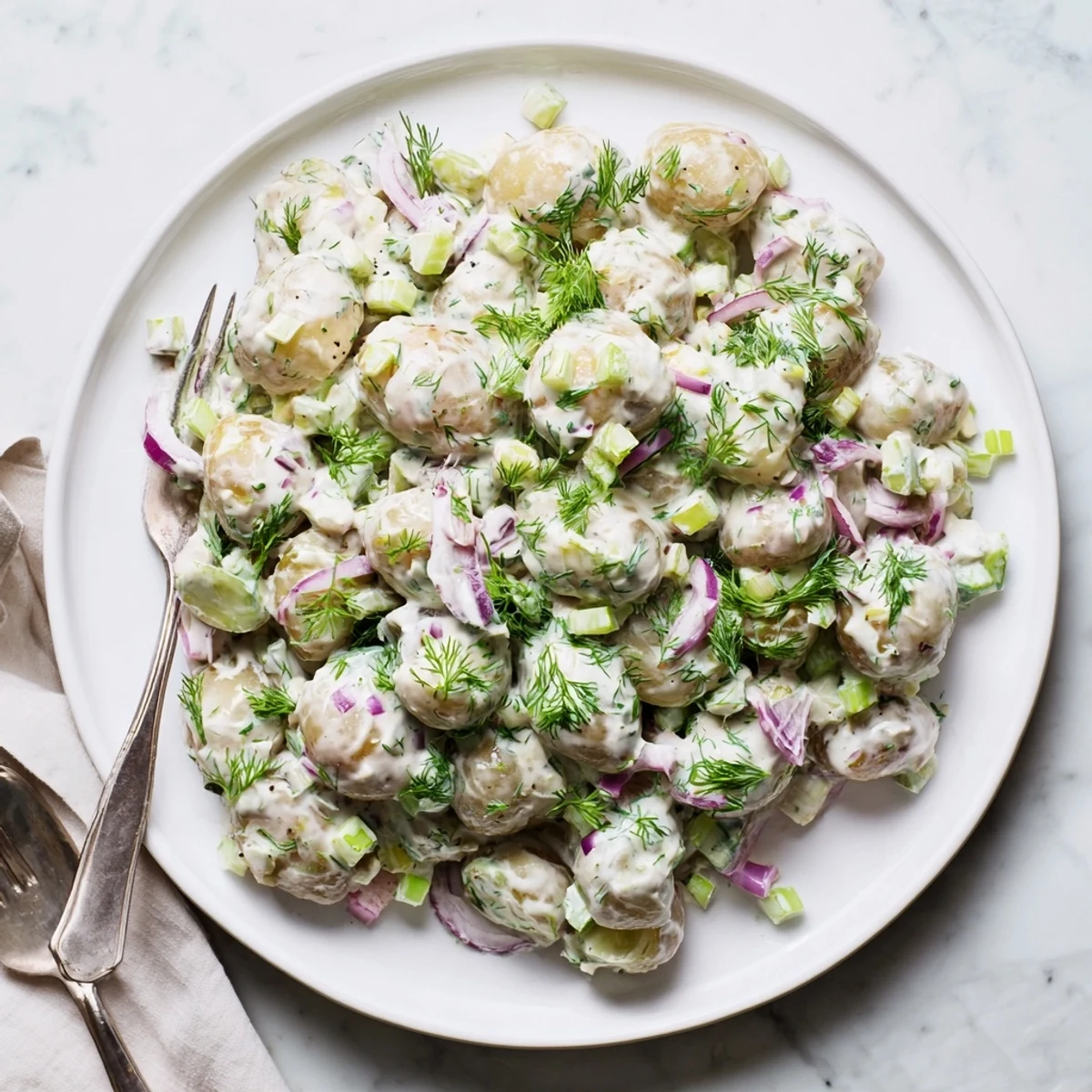 Creamy Greek yogurt potato salad with fresh herbs and crisp colorful vegetables in a white serving bowl