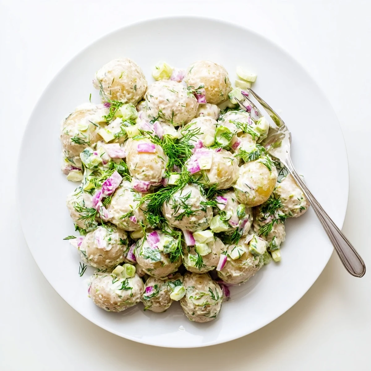 Light and tangy Greek yogurt potato salad featuring tender baby potatoes, red onion, and bright green dill