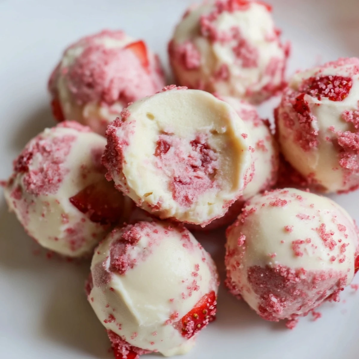 Bite-sized keto strawberry cheesecake fat bombs arranged on parchment paper, ready for chilling