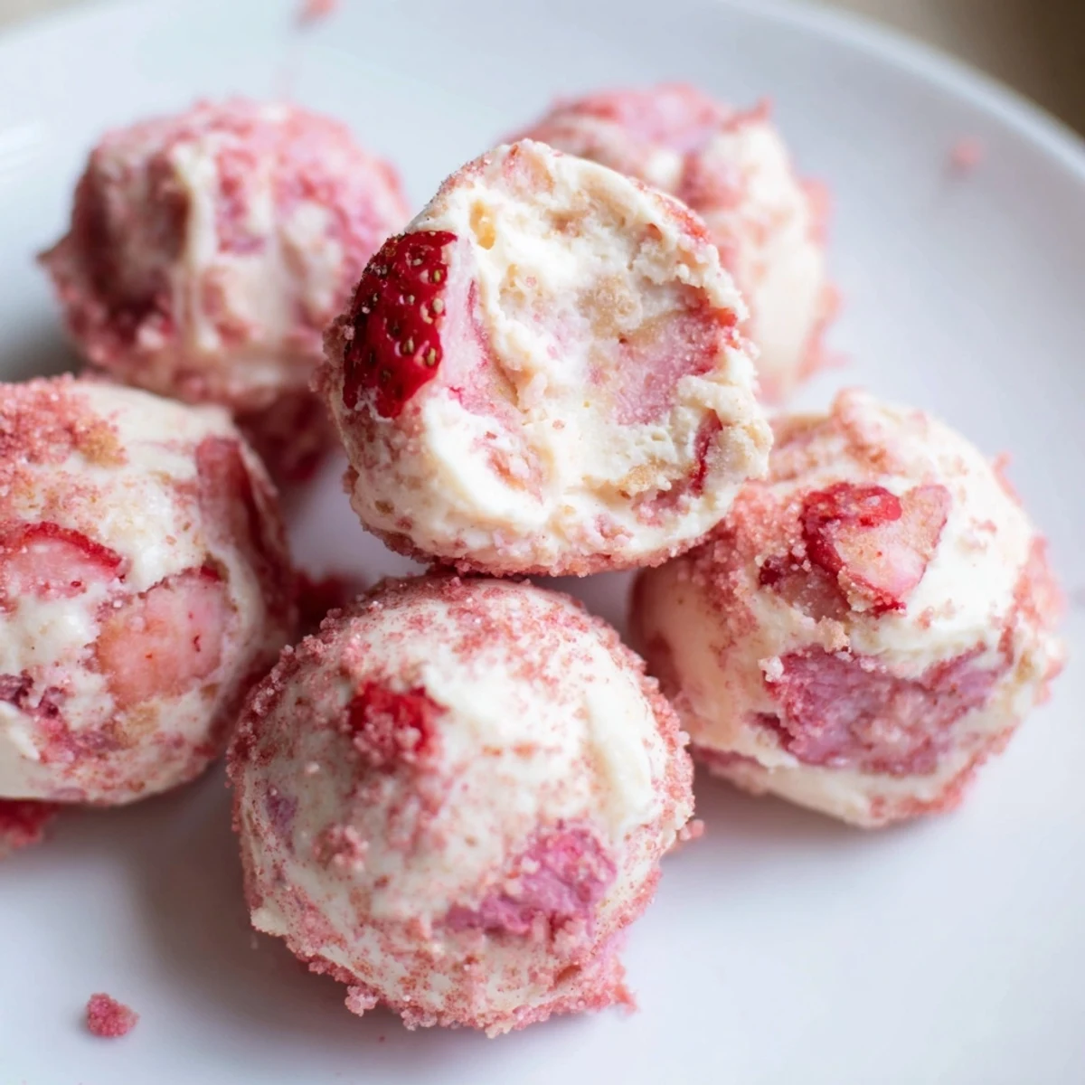 Creamy keto strawberry cheesecake fat bombs with fresh strawberry pieces and optional freeze-dried coating