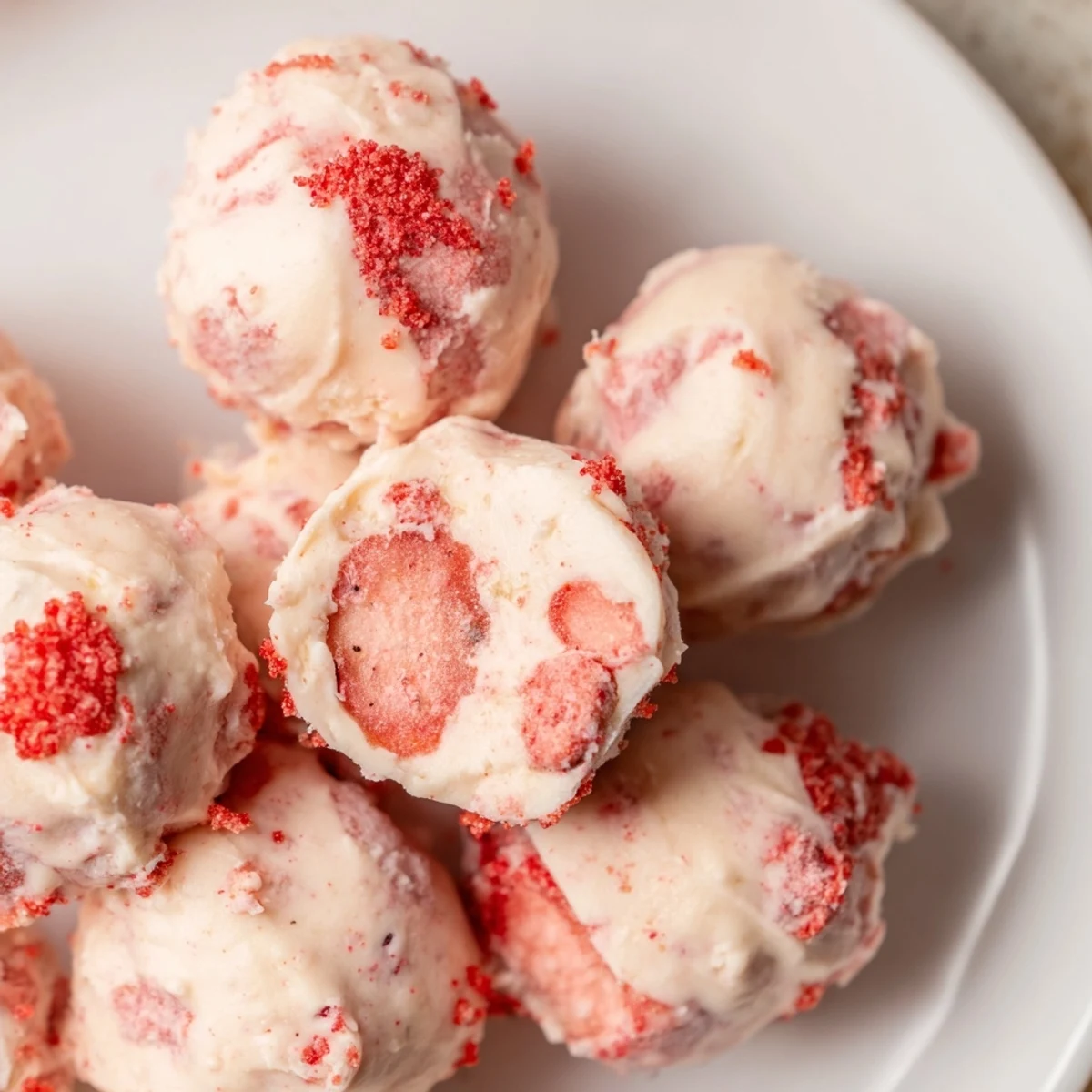Rich and creamy keto strawberry cheesecake fat bombs topped with crushed freeze-dried strawberries