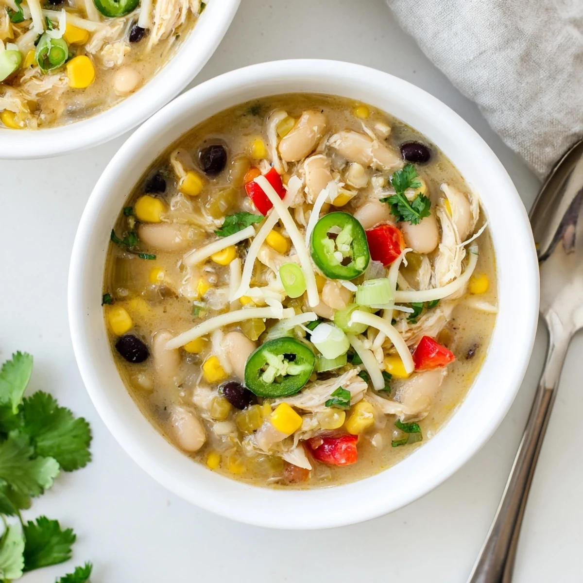 Creamy white chicken chili bowl loaded with black beans, corn, and melted cheese garnish