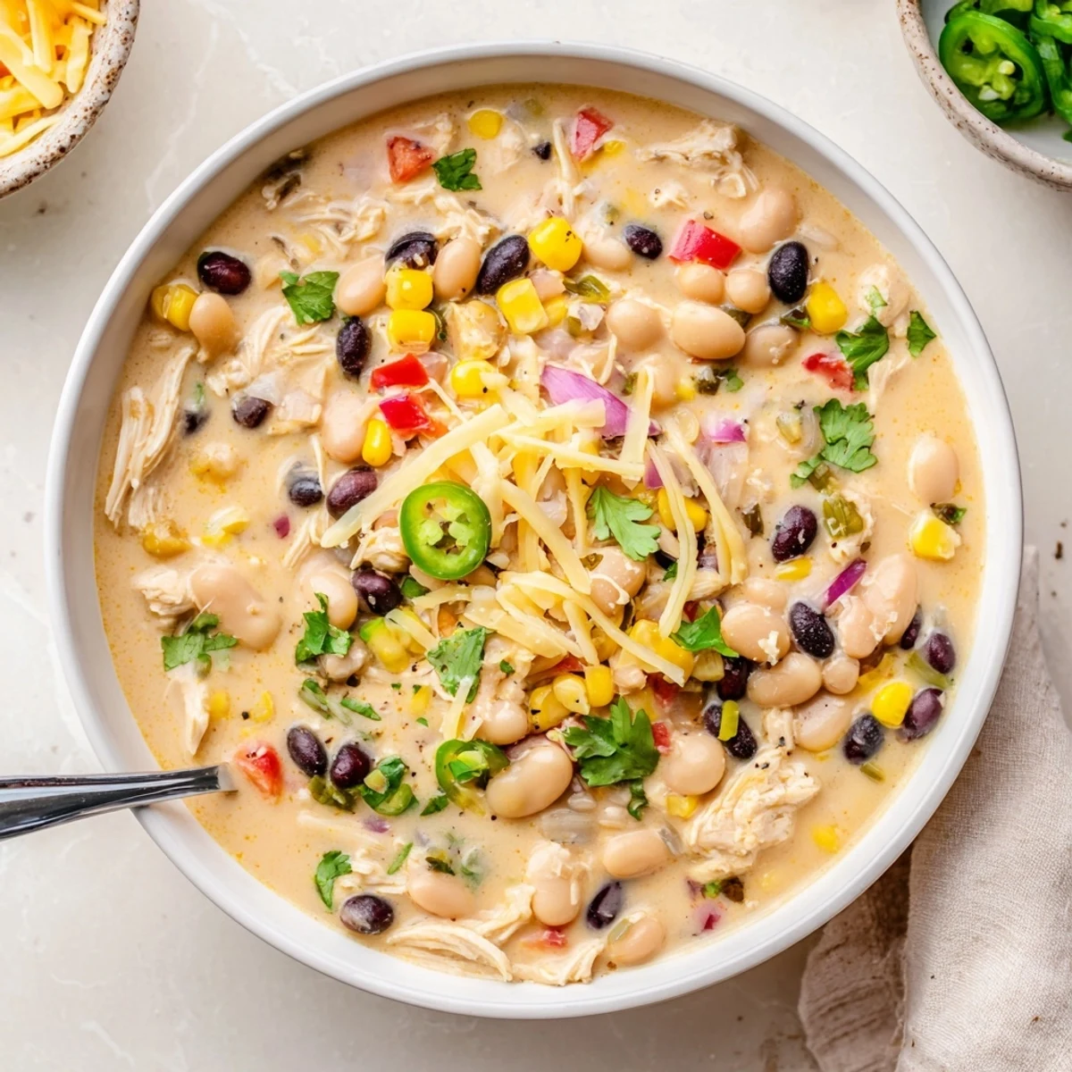 Hearty thick white chicken chili simmering with tender shredded chicken and colorful vegetables