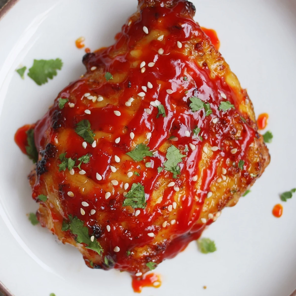Golden brown sweet chili air fryer chicken thighs glistening with sticky red glaze and fresh cilantro garnish on a white serving plate