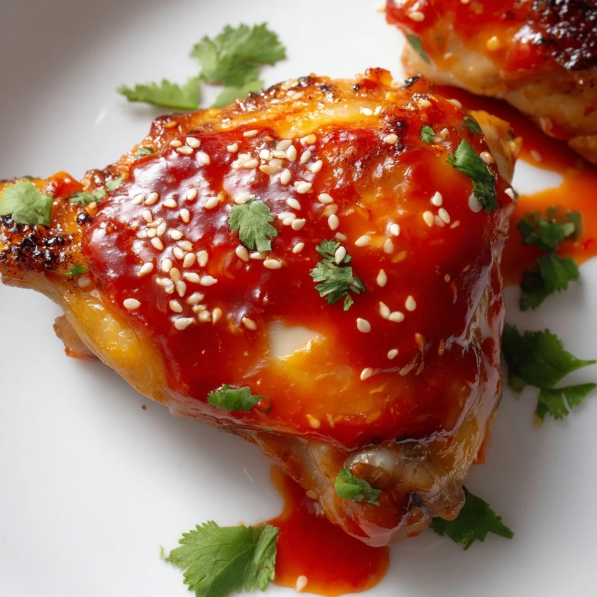 Juicy sweet chili air fryer chicken thighs arranged on a platter with vibrant green onion topping and glossy caramelized coating