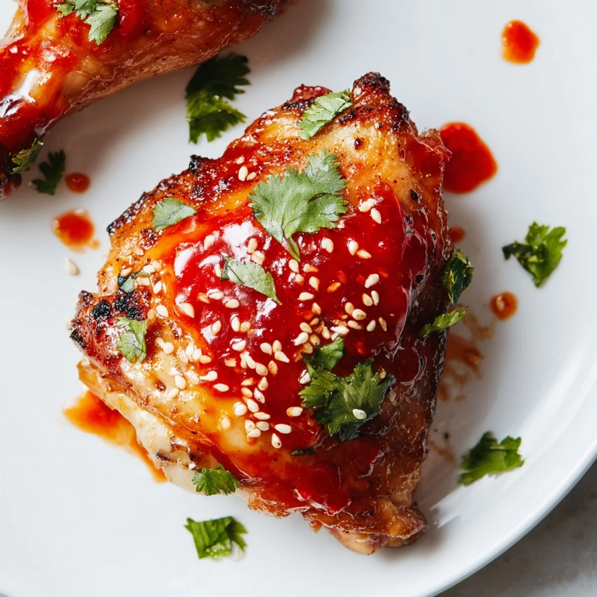 Crispy skinned sweet chili air fryer chicken thighs brushed with thickened spicy sweet sauce and sprinkled with toasted sesame seeds