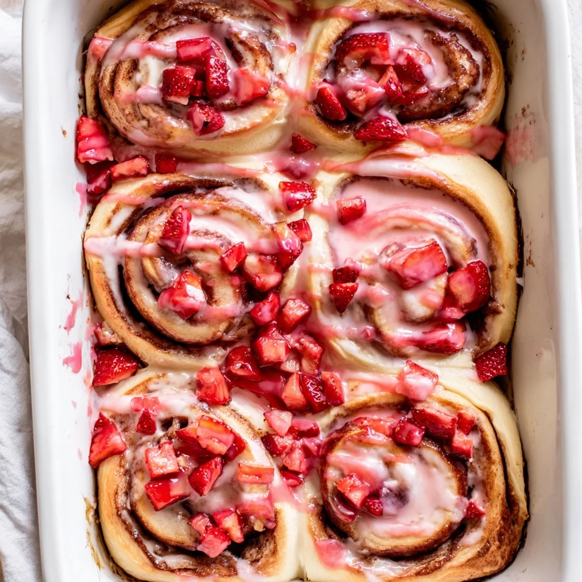 Golden strawberry cheesecake cinnamon rolls fresh from the oven with sweet pink glaze dripping down the spiraled layers