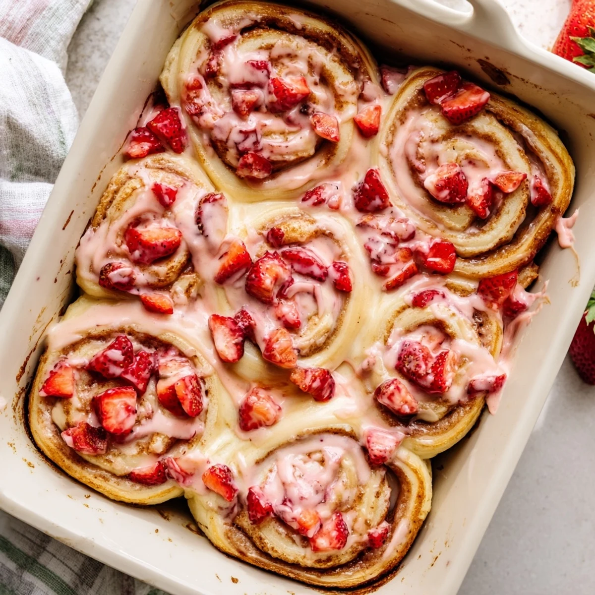Soft baked Cinnabon rolls stuffed with creamy cheesecake filling and fresh strawberry jam swirls topped with sugary icing