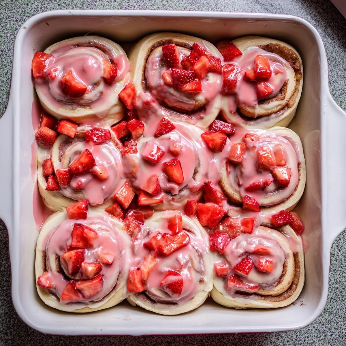Close up of warm strawberry cheesecake cinnamon rolls pulled apart revealing layers of fruit and cream cheese filling