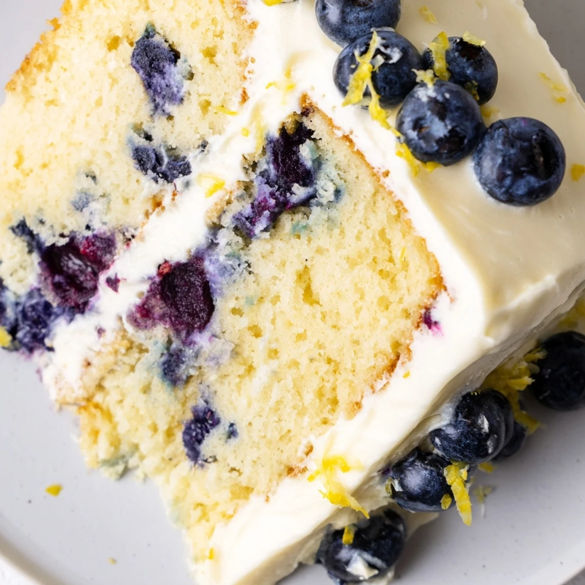Two-layer lemon blueberry cake frosted with tangy cream cheese icing topped with fresh berries and lemon zest
