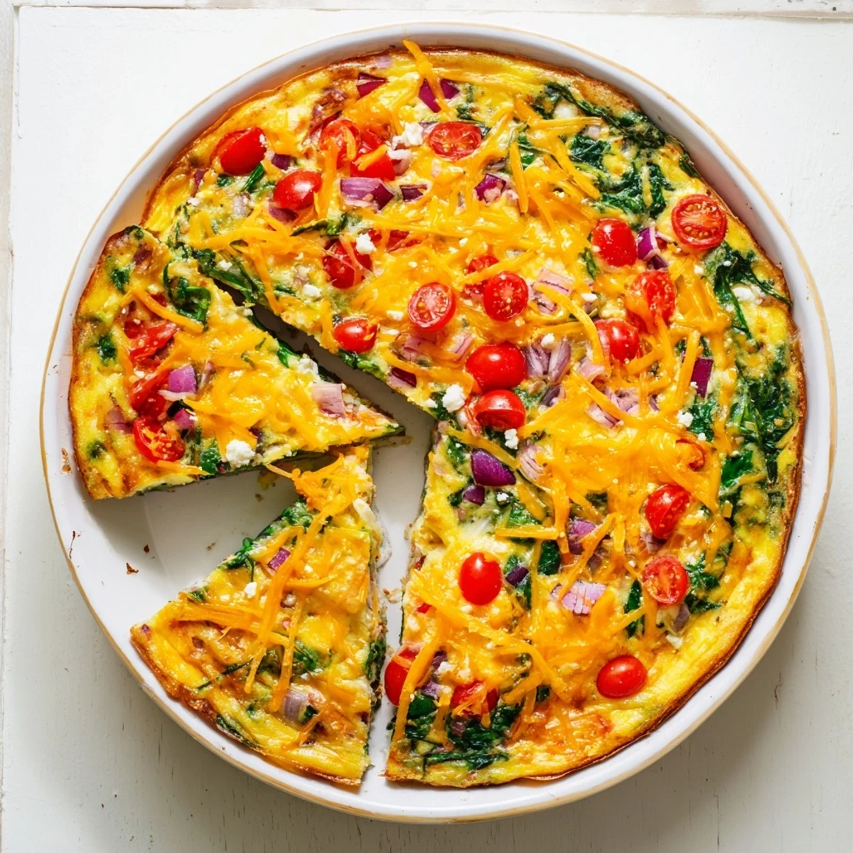 Golden healthy crustless quiche topped with melted cheese and colorful fresh vegetables baked to perfection