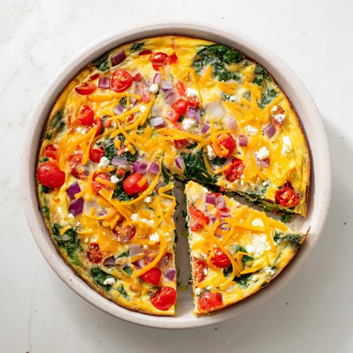 Slice of healthy crustless quiche featuring fluffy egg texture with feta cheddar and vibrant veggies