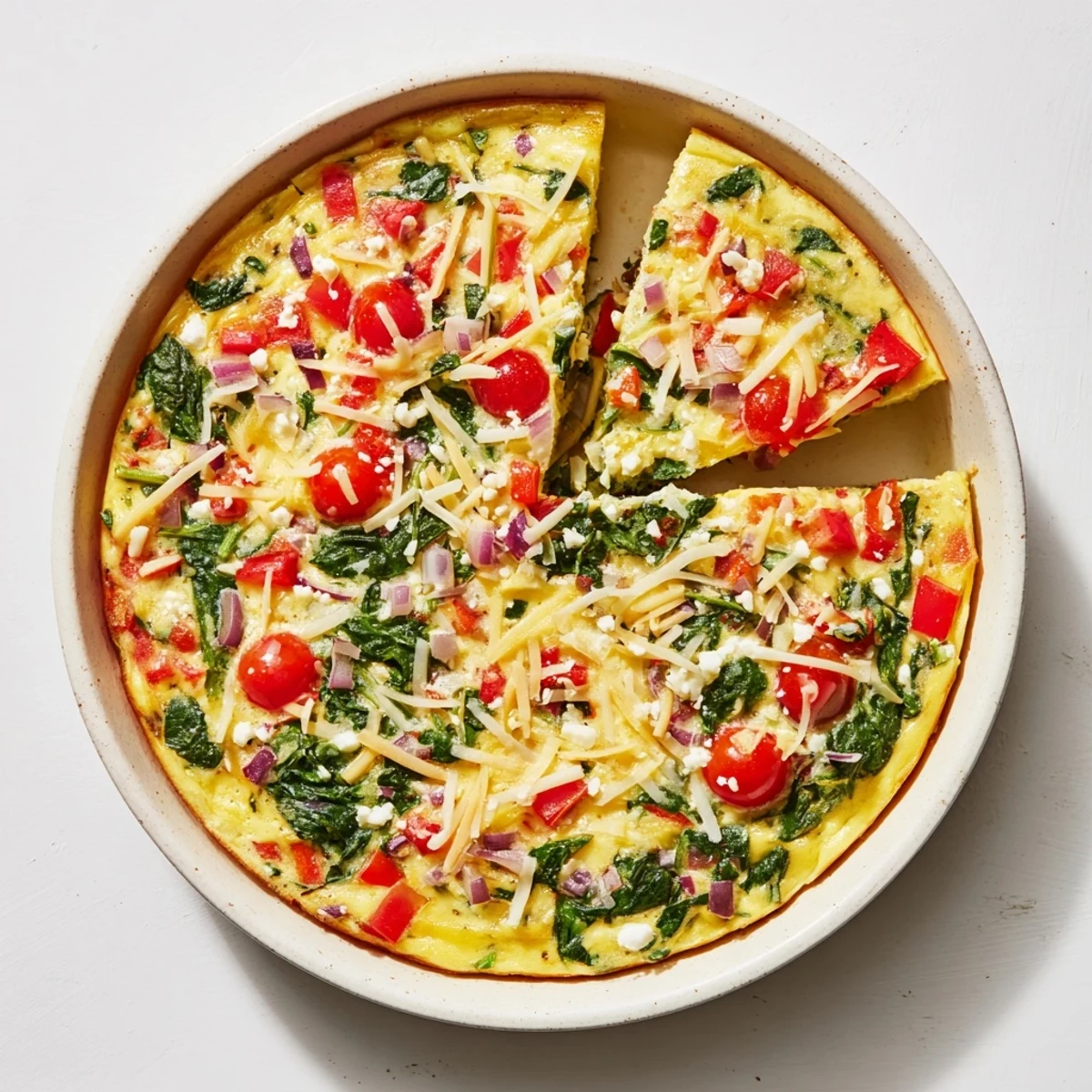 Savory healthy crustless quiche loaded with spinach bell peppers and cherry tomatoes in a golden egg custard