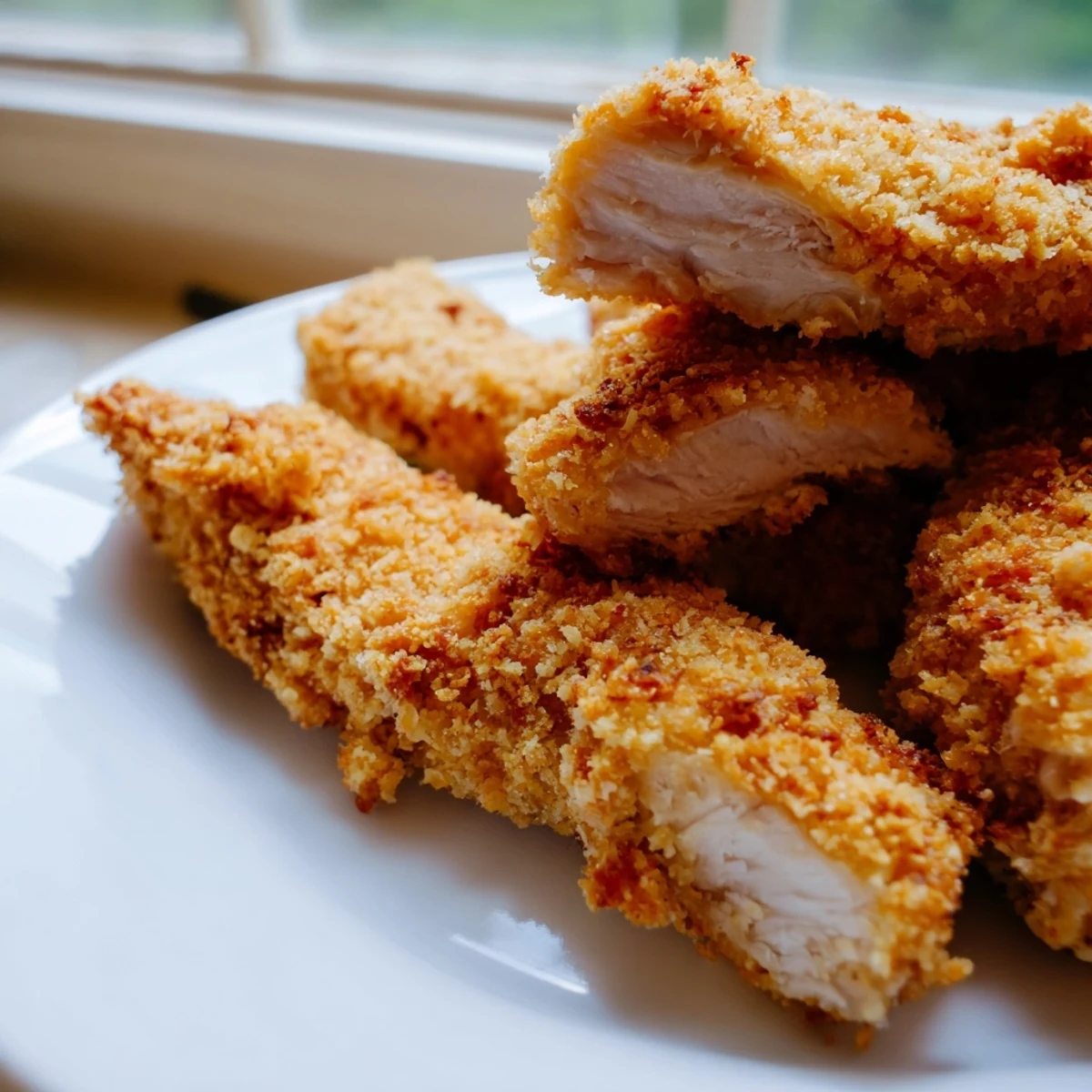 Juicy fried chicken tenders with crunchy breadcrumb coating served alongside ranch and barbecue dipping sauces