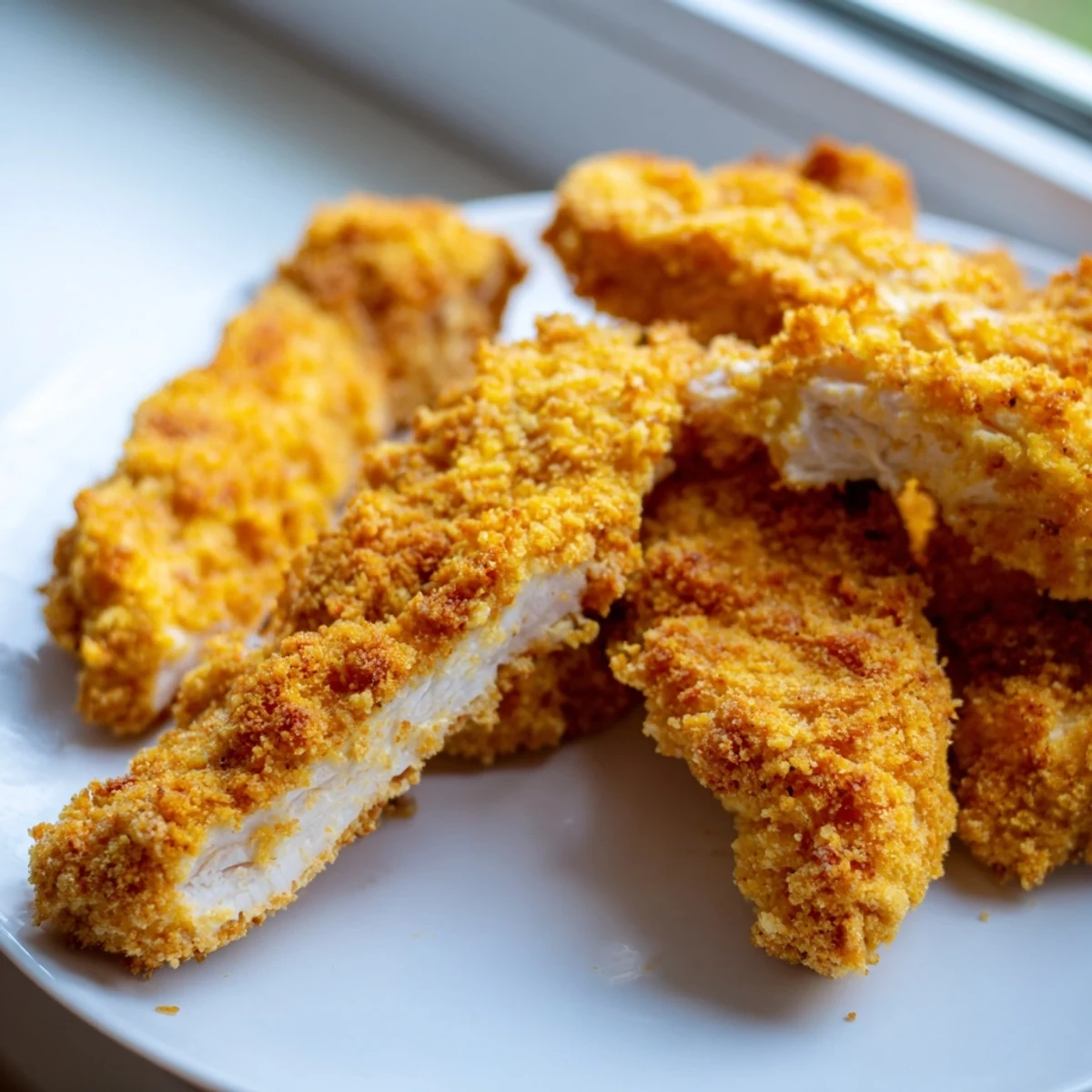 Homemade chicken tenders displaying golden brown exterior with tender juicy meat inside for easy dipping